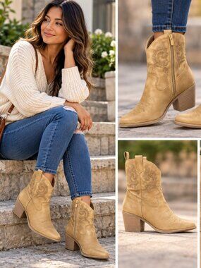 Global Win Ankle Boots Womens 8.5 Tan Cowgirl Leather Western Booties Zip